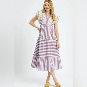 Umgee Striped Ruffle Cap Sleeve Midi Dress